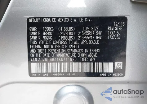 2019 Honda Hr-V Lx z USA, uszkodzony, nr VIN 3CZRU6H31KG711826